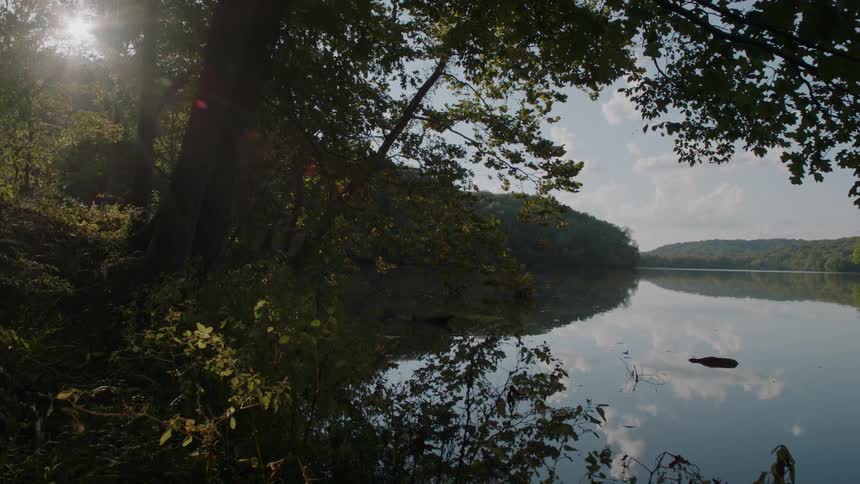 The sun shines behind trees by a mountain lake