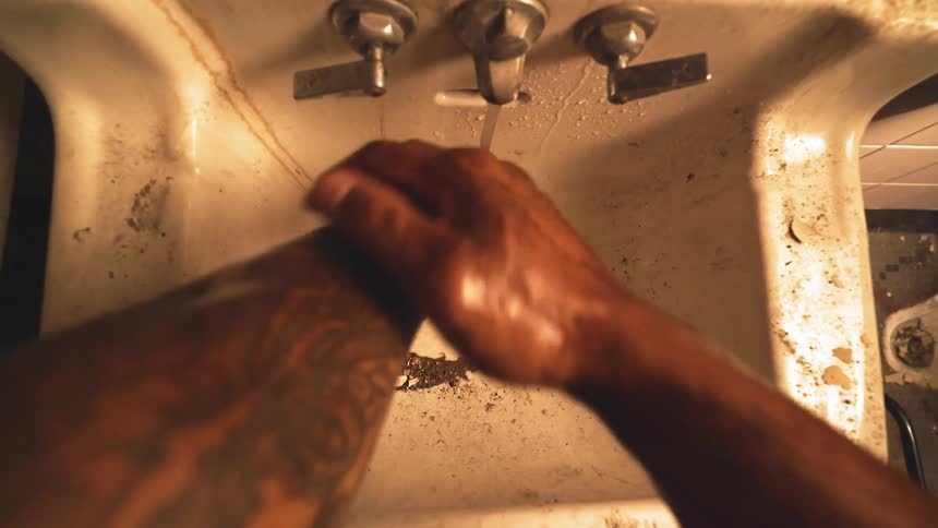 Man washes his arms and hands in a dirty sink