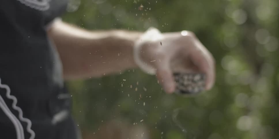 A chef sprinkles spices onto steaming food