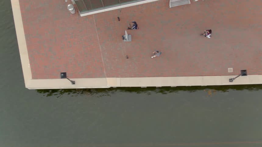 People riding kick scooters in an area next to some water in a city