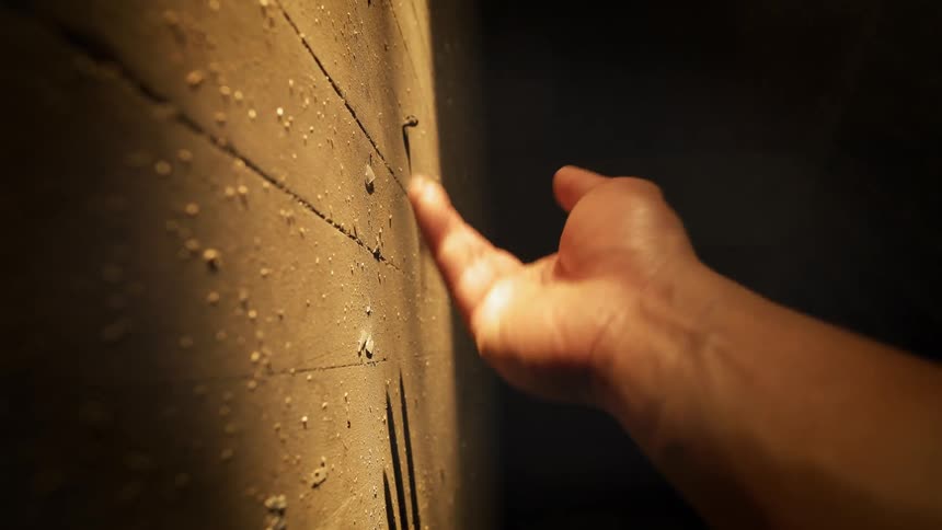 A man waves his hand over a wall