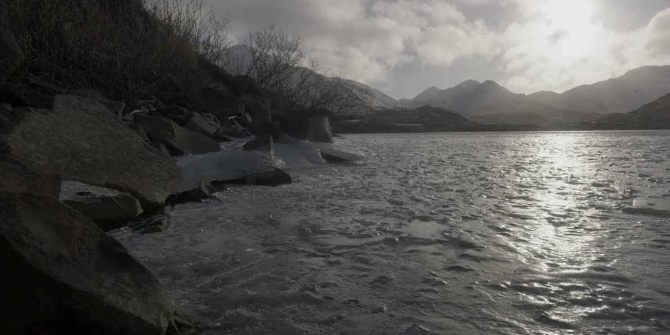 Water is frozen on a mountain lake