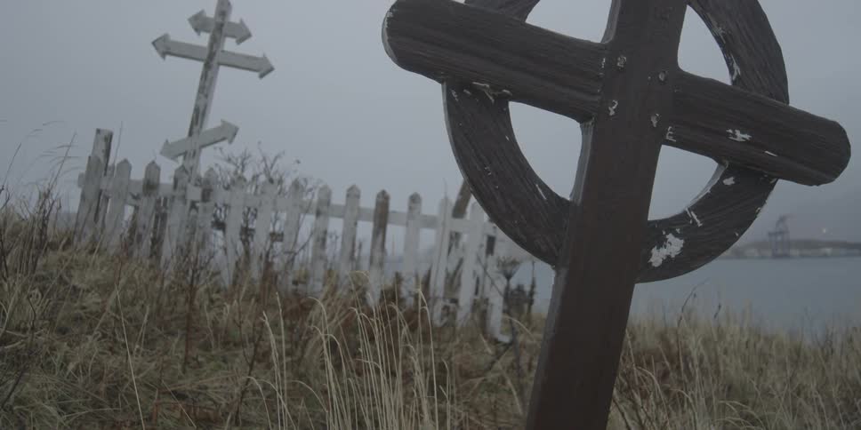 Crosses and a fence mark graves in a field near a harbor