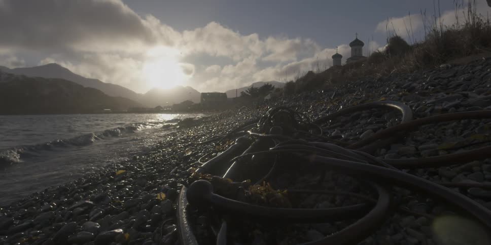 Waves on a rocky village shore