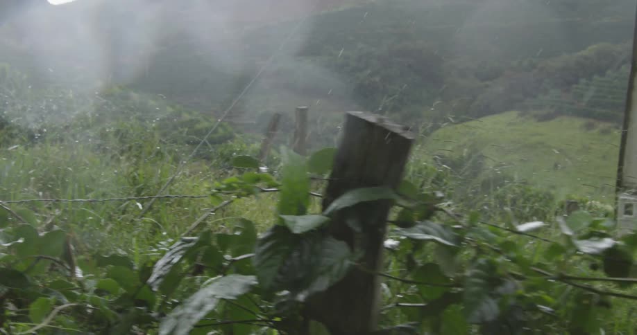 Rain falls in a rural area