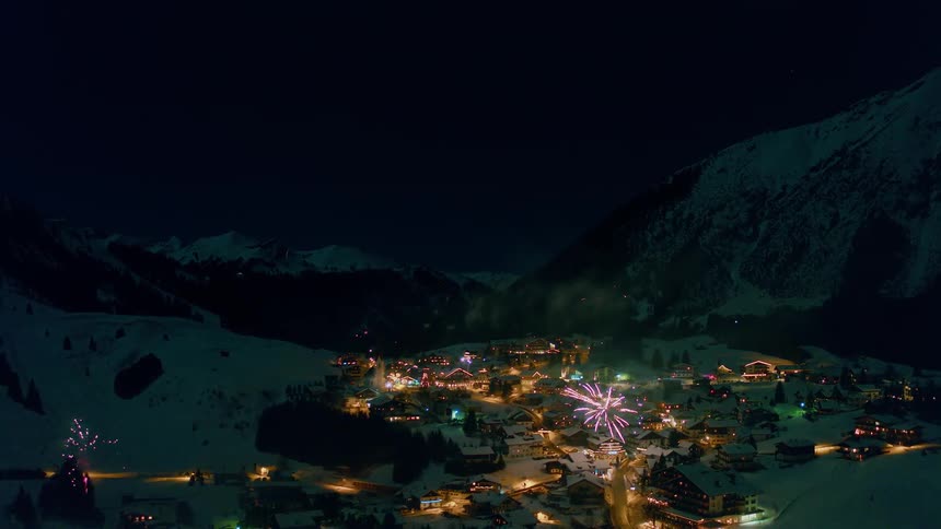 The fireworks explode in the dark sky
