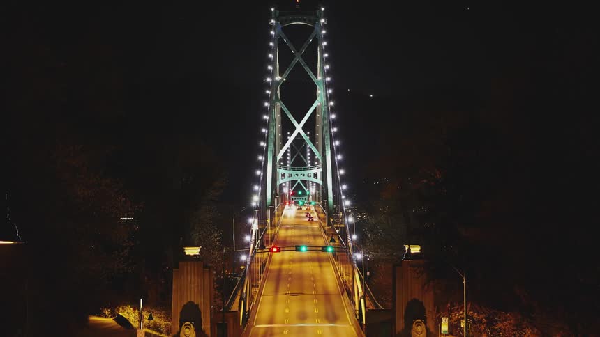 A busy bridge at night