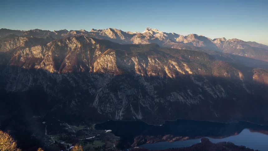 Sunset over the scenic lake Bohinj in Slovenia
