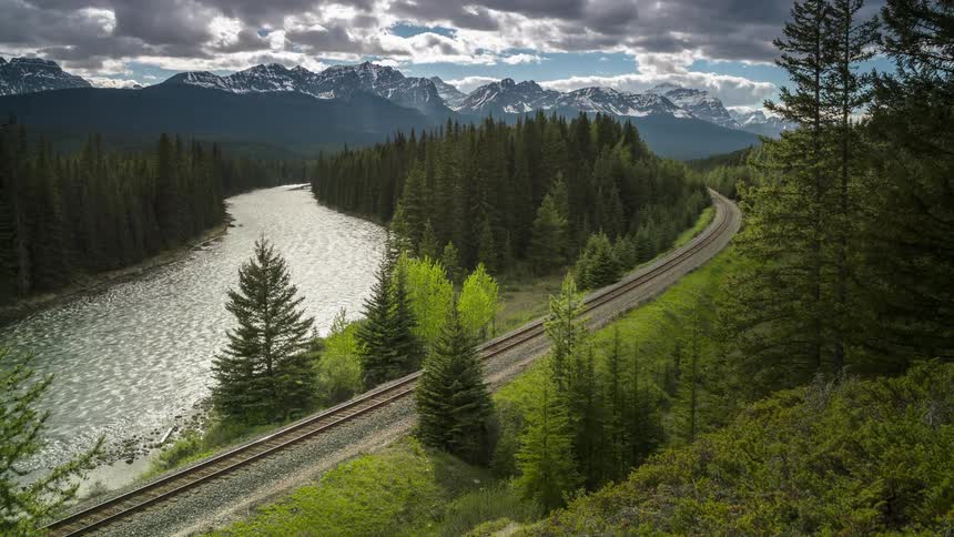 Rocky Mountaineer train passing through the Banff national park
