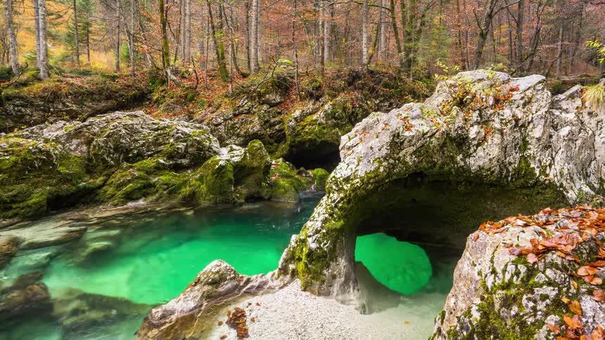 Emerald water is flowing into a natural spring behind an elephant-shaped rock in Mostnica Gorge