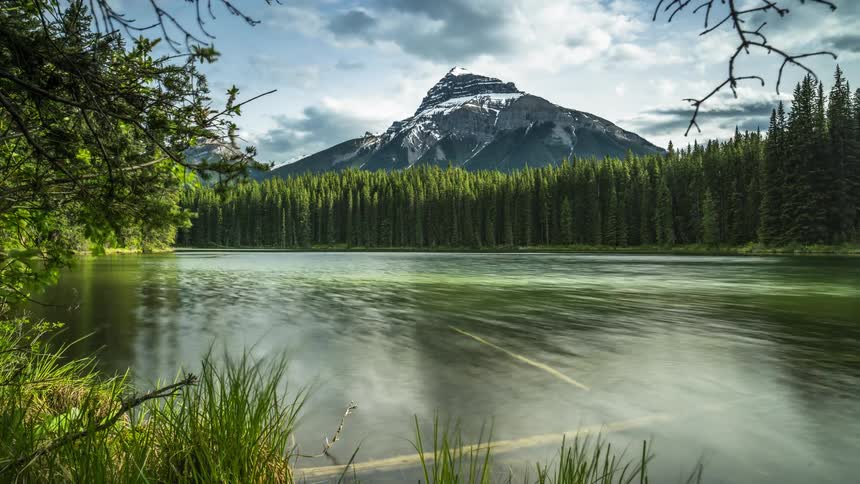 The Pilot Pond by the forest reflecting the rising mountain top in Banff
