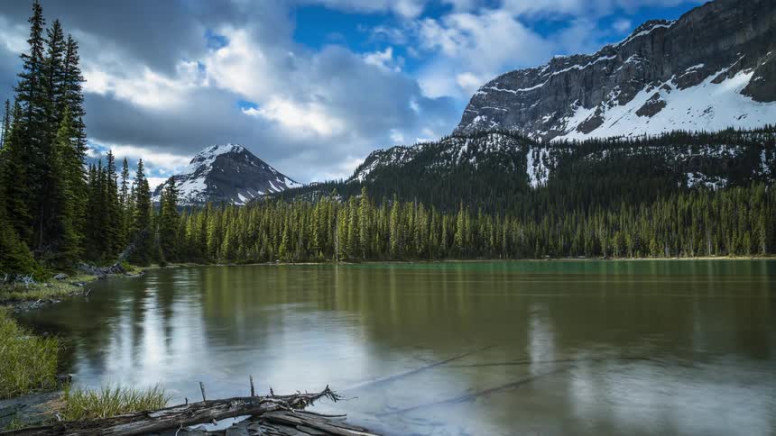Water flows from the Bow river into the Bow lake by the snowy Canadian Rockies