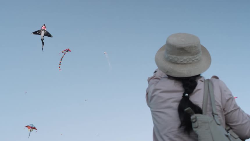 A woman holds the string of one of the flying kites