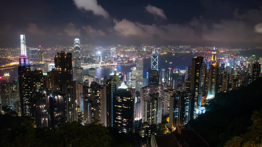 Night panorama of Hong Kong skyline and city lights
