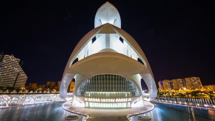 Time lapse of the entrance to a museum at night