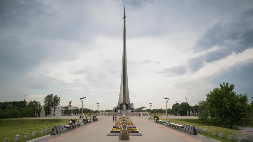 Visitors at Monument to Conquerors of Space in Moscow
