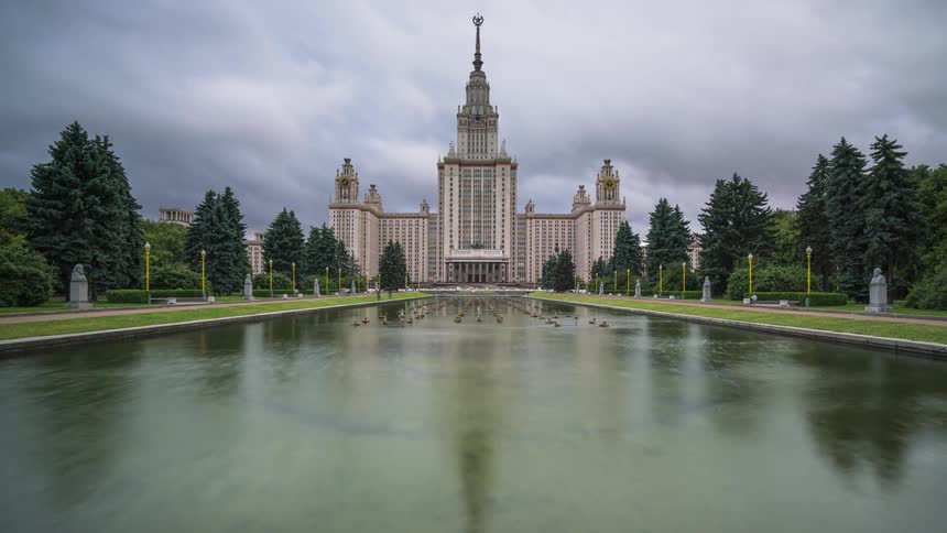 Colossal Lomonosov institute behind a pond
