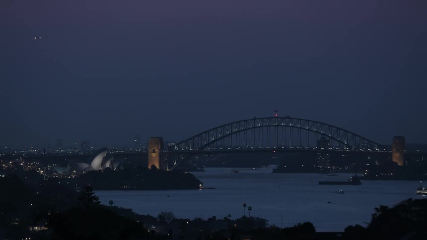 A plane flies above the city at night
