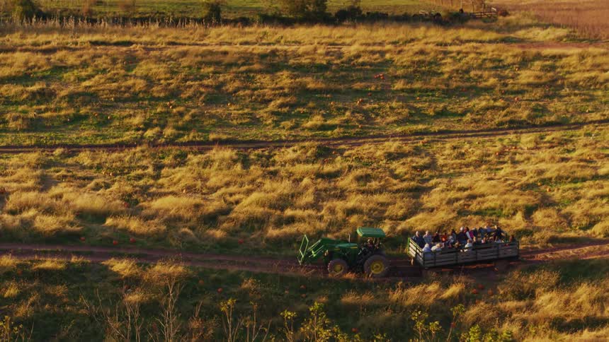A tractor is pulling a cart with a bunch of people in it