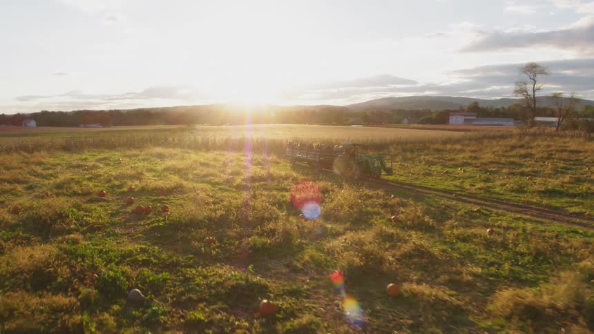 A tractor driving through a field after sunrise