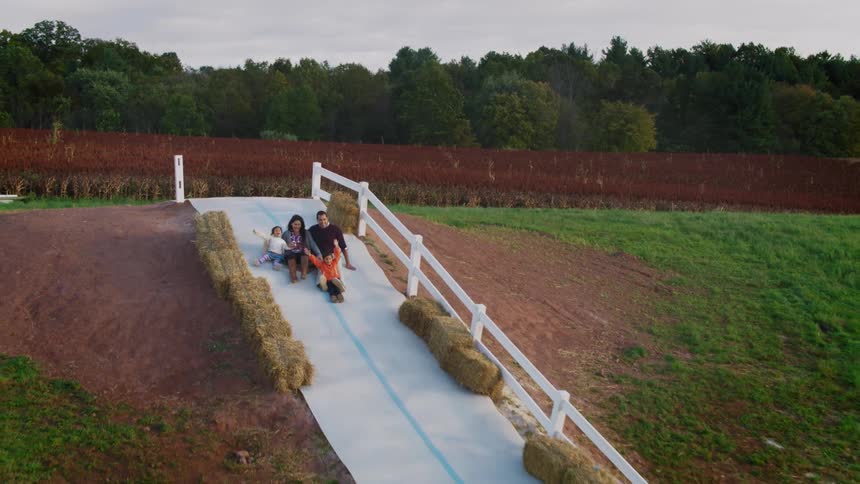 A family is sliding down a slide at a park