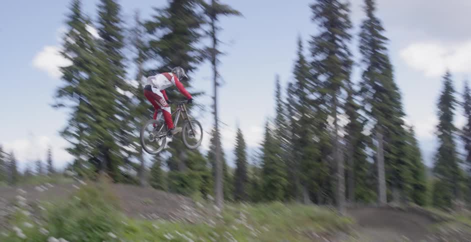 A bicyclist goes over a jump in a forest