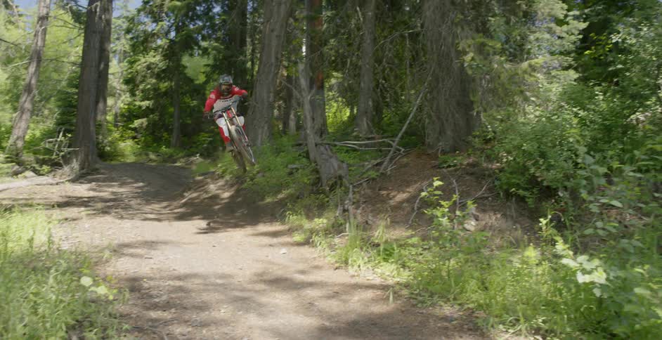 A person rides a mountain bike on dirt trail in the forest