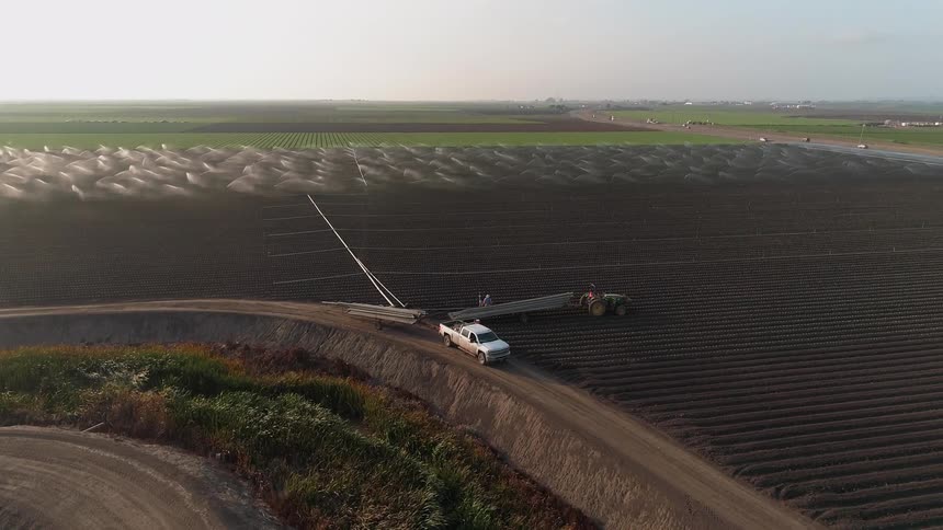 A pick up truck is parked near the crop field below
