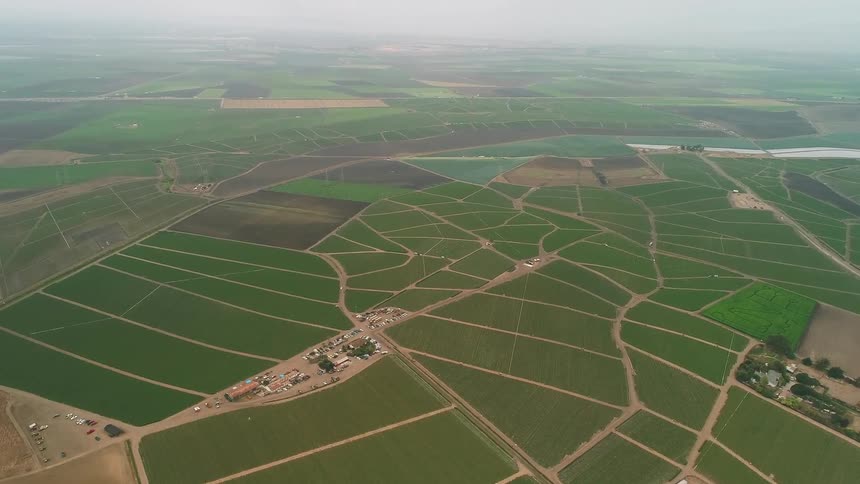 Green grass and crops cover the farmland