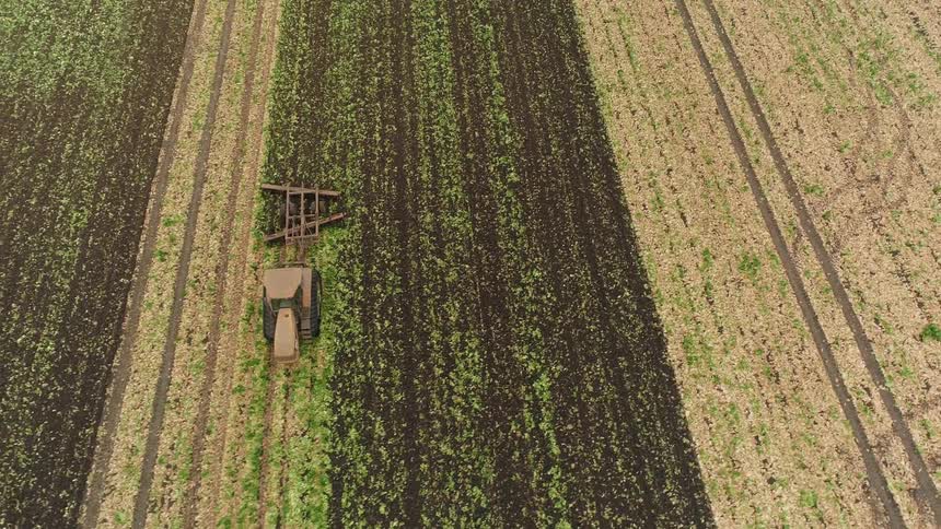 Farm equipment passes over rows of a crop field