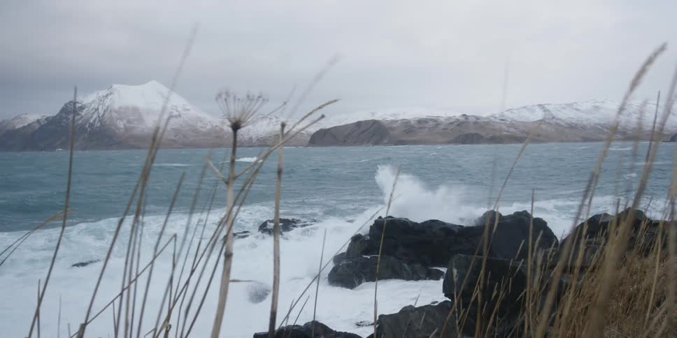 Waves crash onto the rocky shore