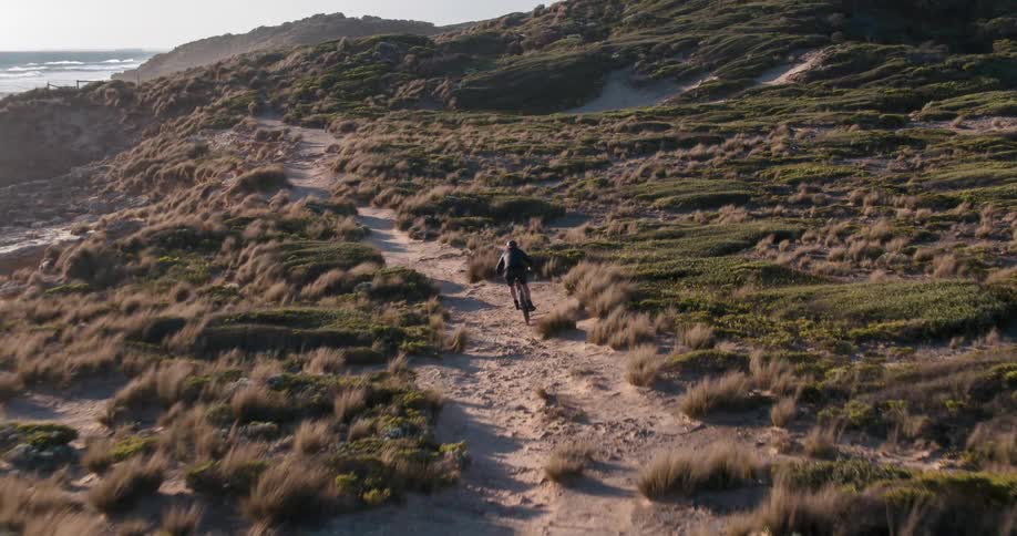 A bicyclist is riding fast on a trail near the ocean during the day