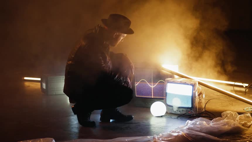 A man is reaching out to touch a television sitting on the floor in a dark room