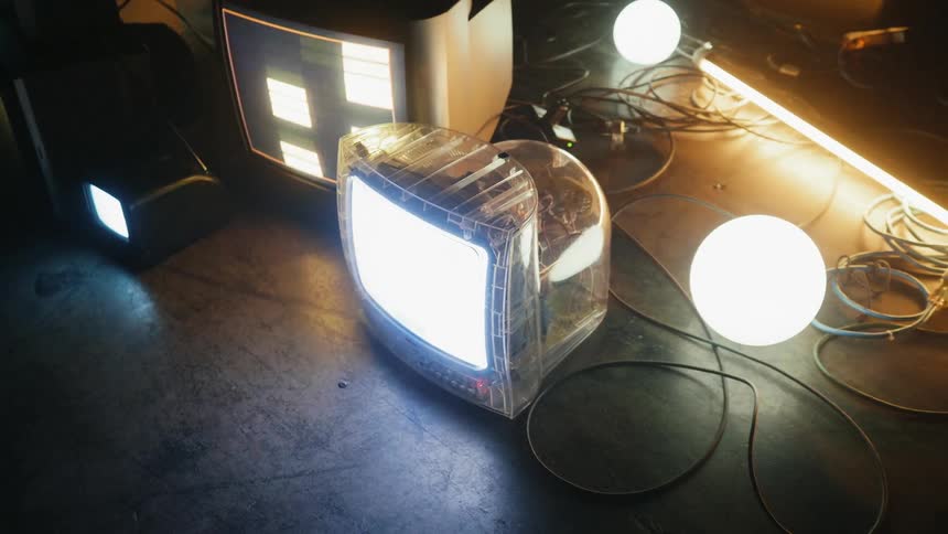 There are wires lights and televisions on the ground