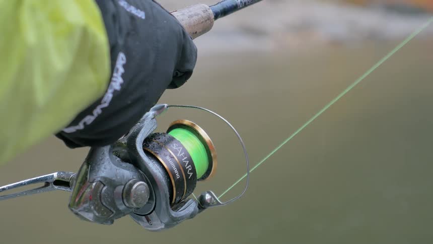 The fishing line on the pole is green
