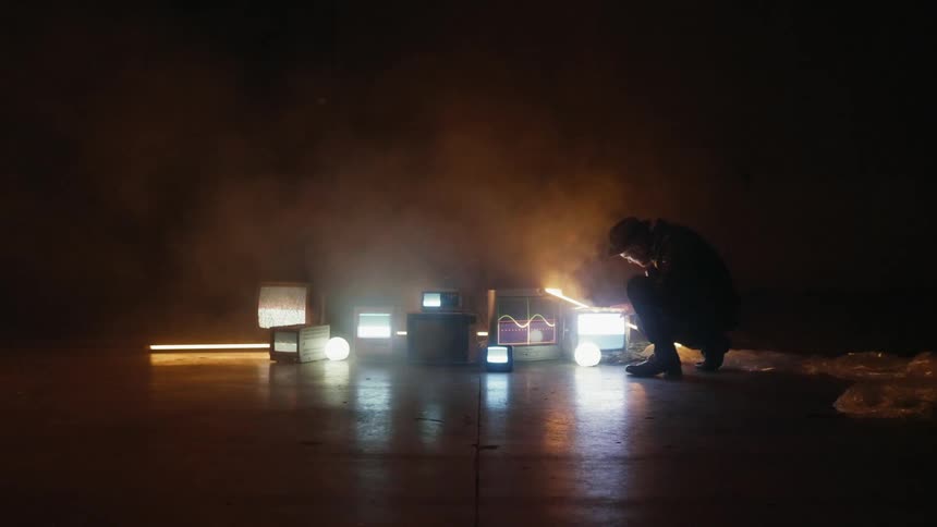 Man crouches next to tvs on the floor of a smoky room
