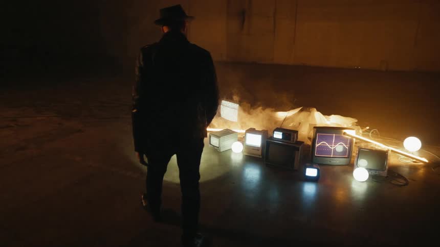 A man is shining a flashlight on a collection of televisions and monitors in a dark room