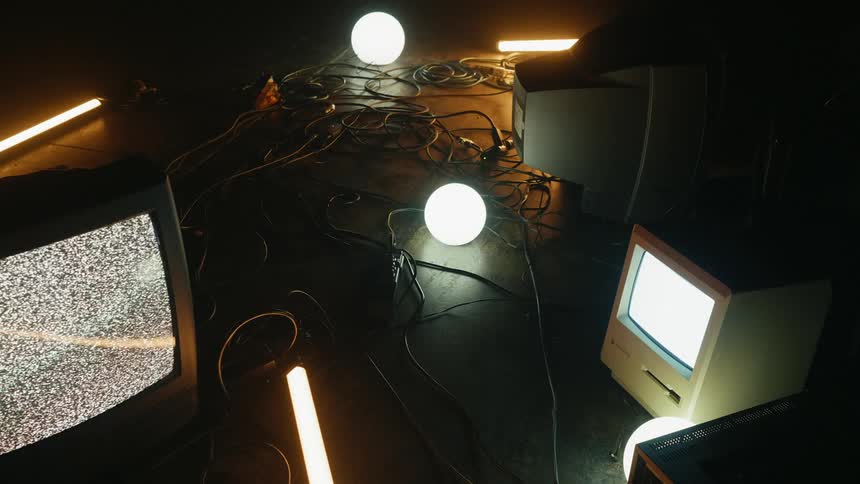 Various television monitors are displaying static and flickering images