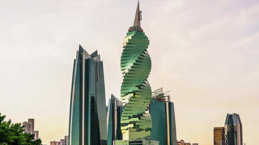The tower is green with a point at the top
