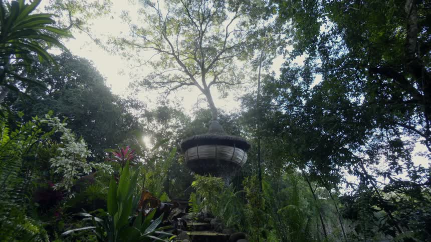 A peculiar tree house hangs in the garden