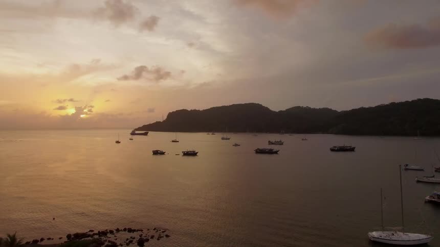 Many boats docked in the water in the bay at sunset