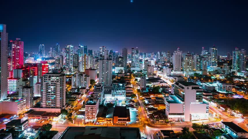 The city is very brightly lit at night
