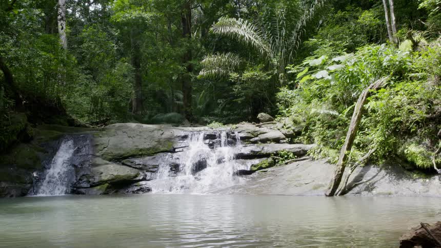The water pours off the rocks into the spring
