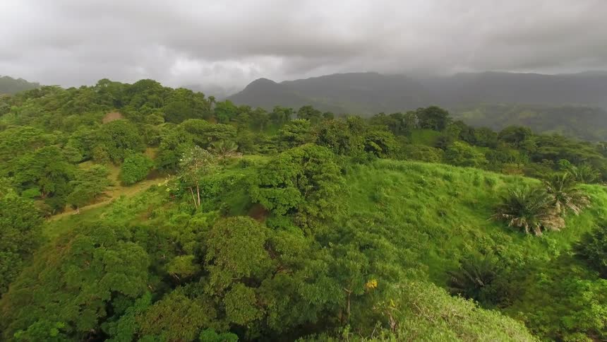 Storm clouds are hanging above hills in a tropical setting during the day