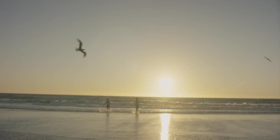 Boys splash each other as they run into the ocean at sunset