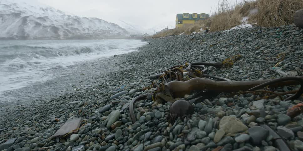 Water splashing onto a rocky shore surrounded by snowy mountains