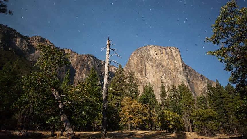 Sky darkens over trees and a large cliff
