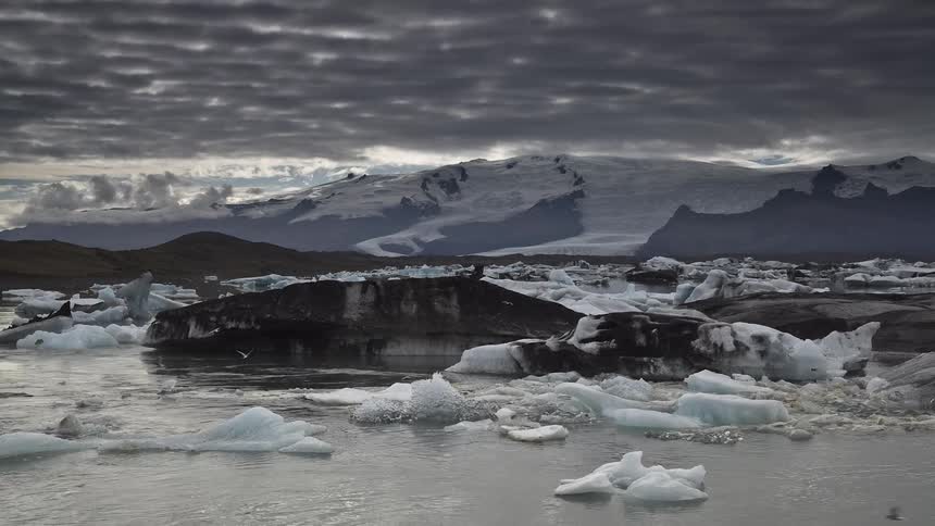 The ice floats past the rocks