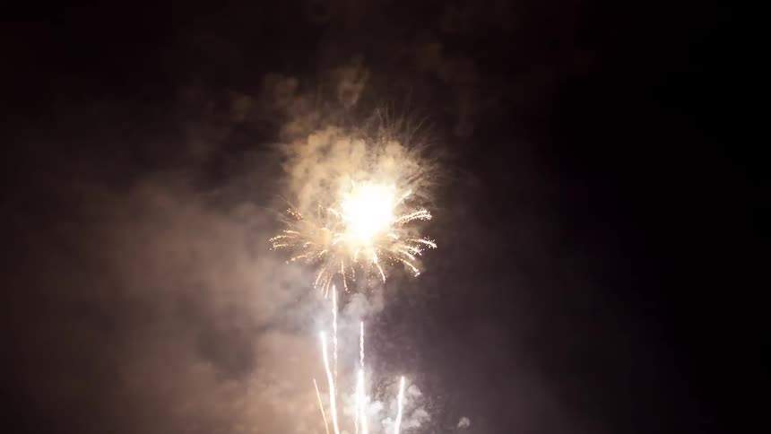 Fireworks explode and flash in the night sky