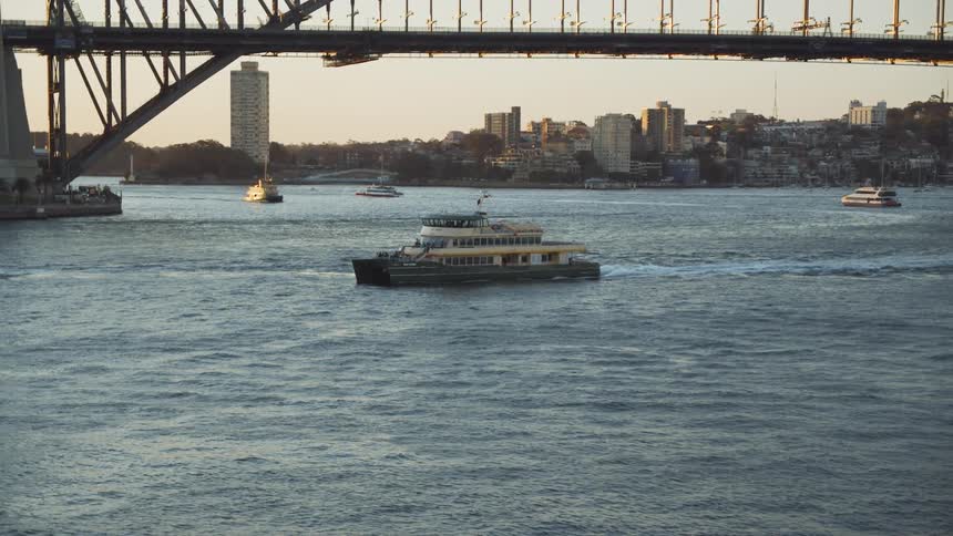 Boat moving under a bridge in a city